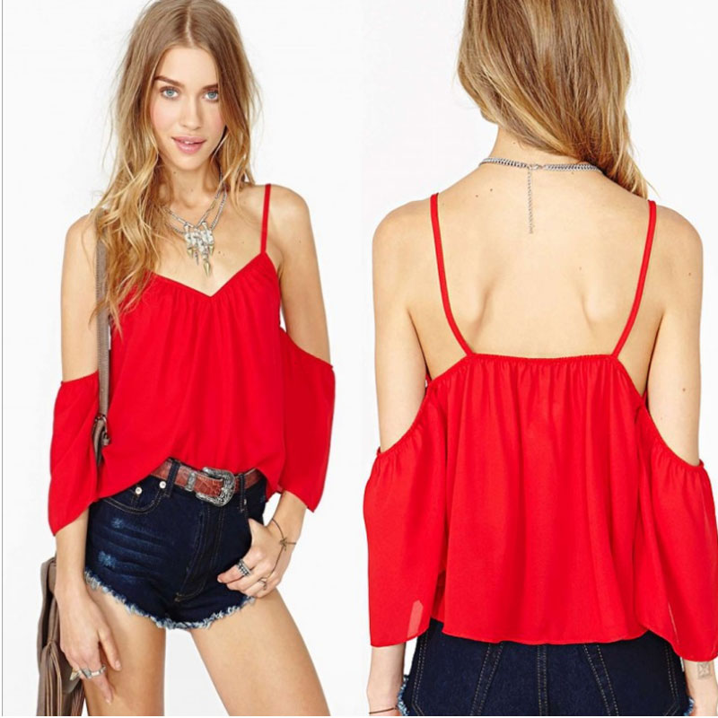Red off shoulder chiffon shirts XS,S,M,L,XL MH8160