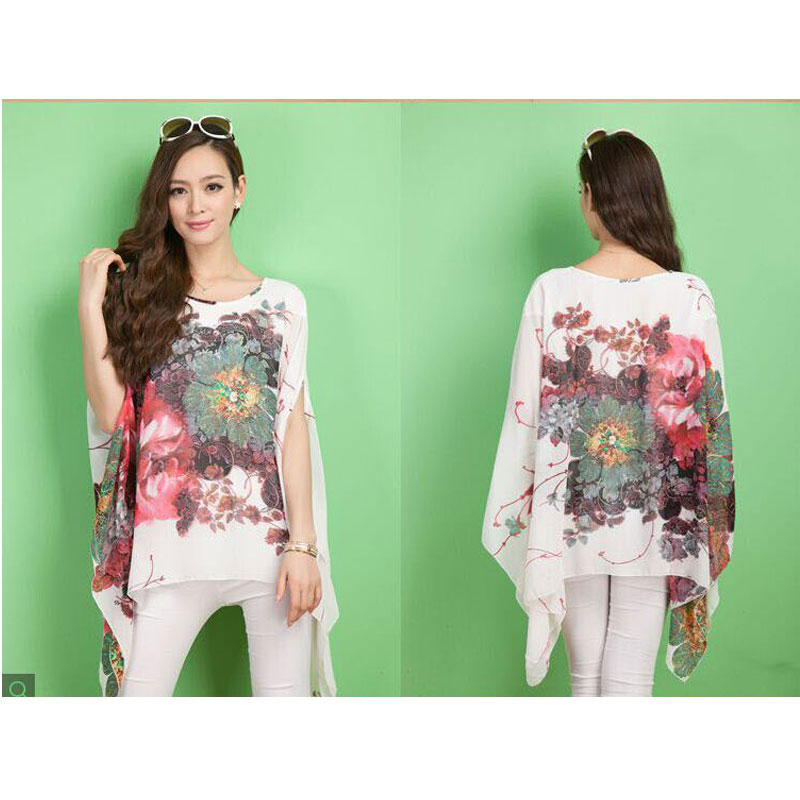 White flower printed batwing sleeve shirt MH8165