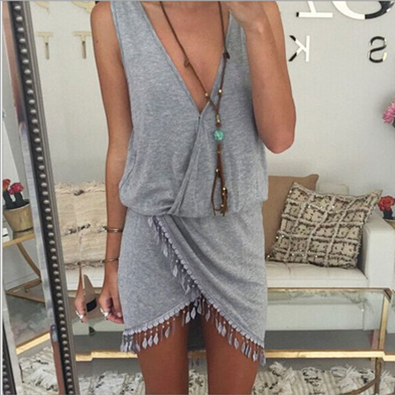 Grey v neck beach dress S-XL MH5338