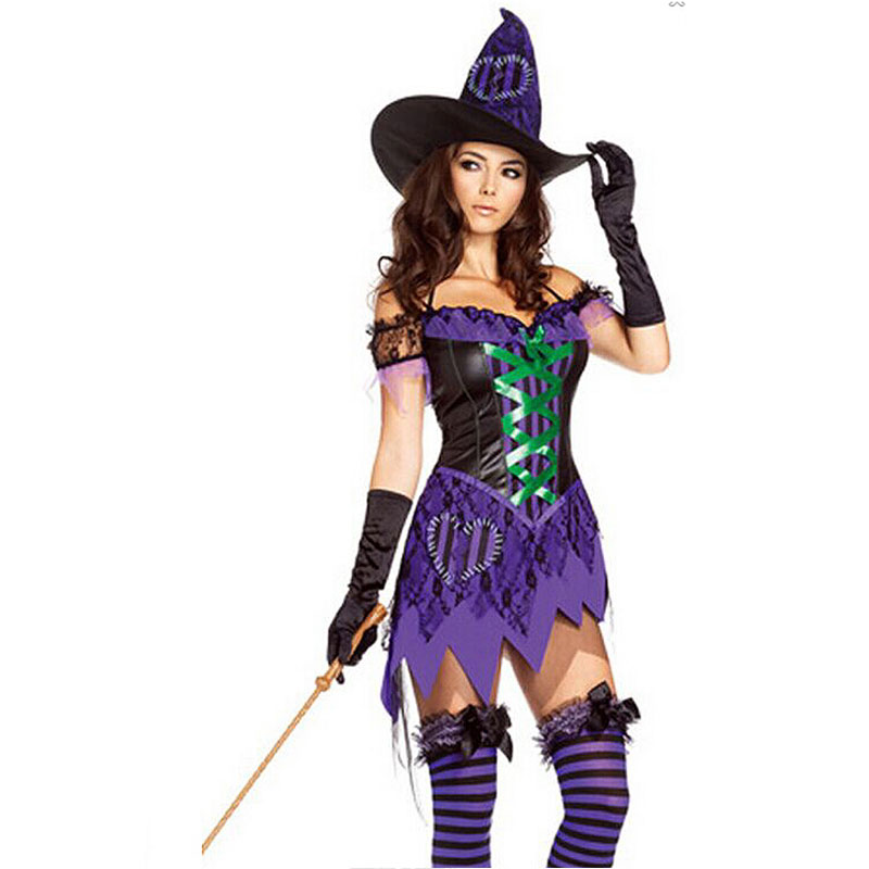 	 Halloween Black and Purple Irregular Hem Witch Costume MH3129