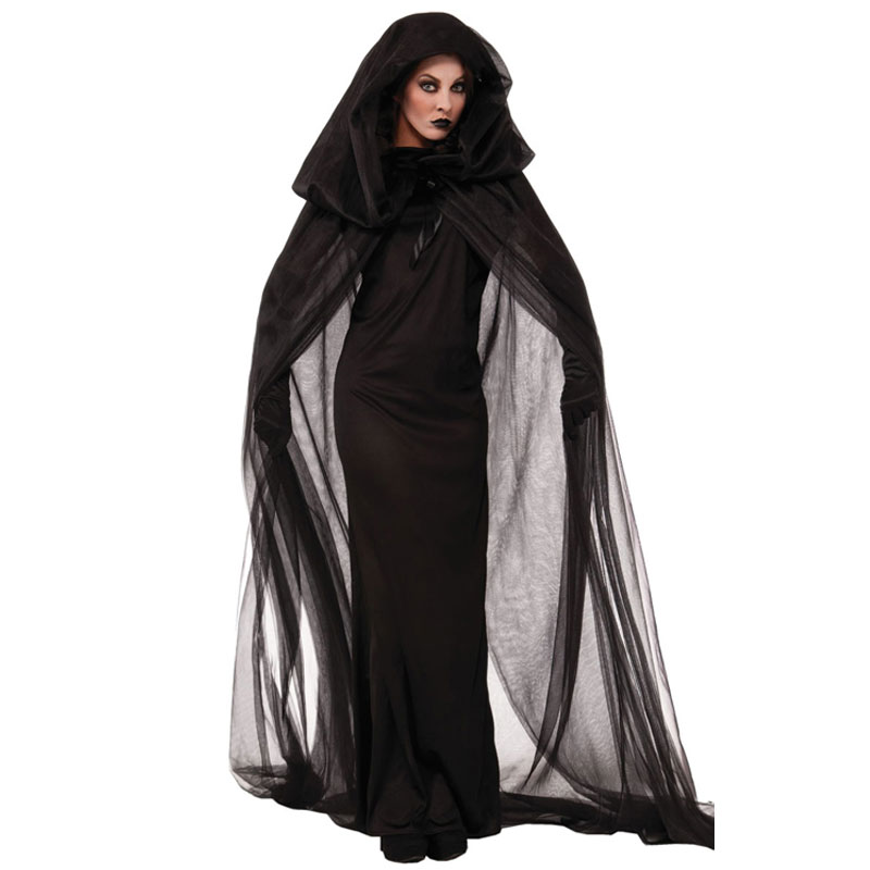 Black Full-length Dress Witch Cosplay Halloween Costume with Tulle Cloak   MH3178