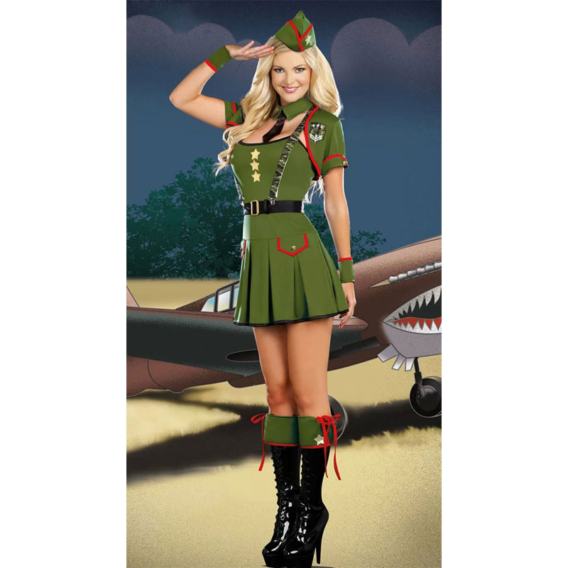 Green Bodycon Pleated Skirt Military Costumes  MH3196