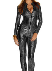 Silver Deep V-neck Stand Collar Zipper Close-fitting Snakeskin Long Sleeve Jumpsuit  S-XL  MH6181