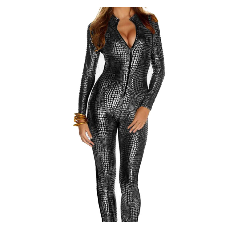 Silver Deep V-neck Stand Collar Zipper Close-fitting Snakeskin Long Sleeve Jumpsuit  S-XL  MH6180