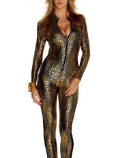 Golden Snakeskin Fitness Deep V-neckper Long Sleeve Jumpsuit   S-XL  MH6180
