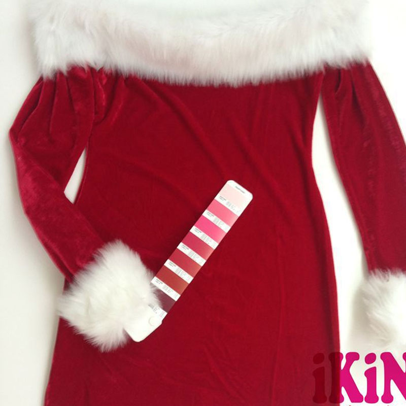 Wine Red Slash Neck Close-fitting Santa Dress with White Furry Trim MH3227