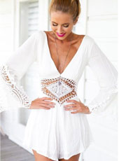 Long sleeve deep v white shorts S-XL MH5385