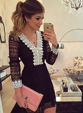 Black Long Sleeve Deep V White Lace Dress S-XL MH5389