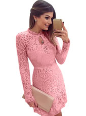 Long sleeve Pink Lace Dress S-XL MH5392