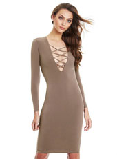 Long Sleeve Brown Cross Bodycon Dress S-2XL MH5418