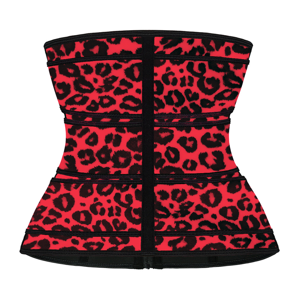 Leopard Red Latex Zipper Waist Trainer with Triple Belts MH100001RL