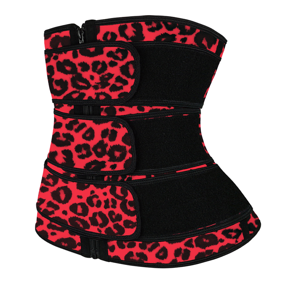 Leopard Red Latex Zipper Waist Trainer with Triple Belts MH100001RL