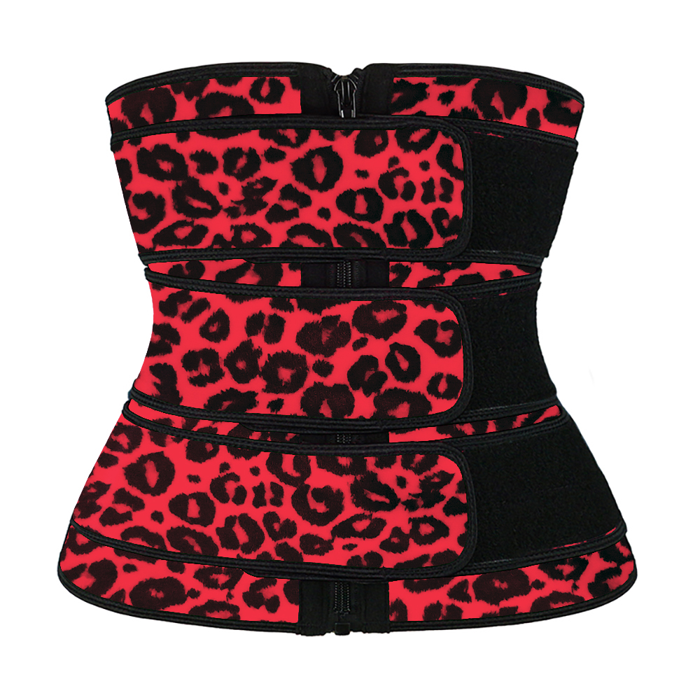 Leopard Red Latex Zipper Waist Trainer with Triple Belts MH100001RL
