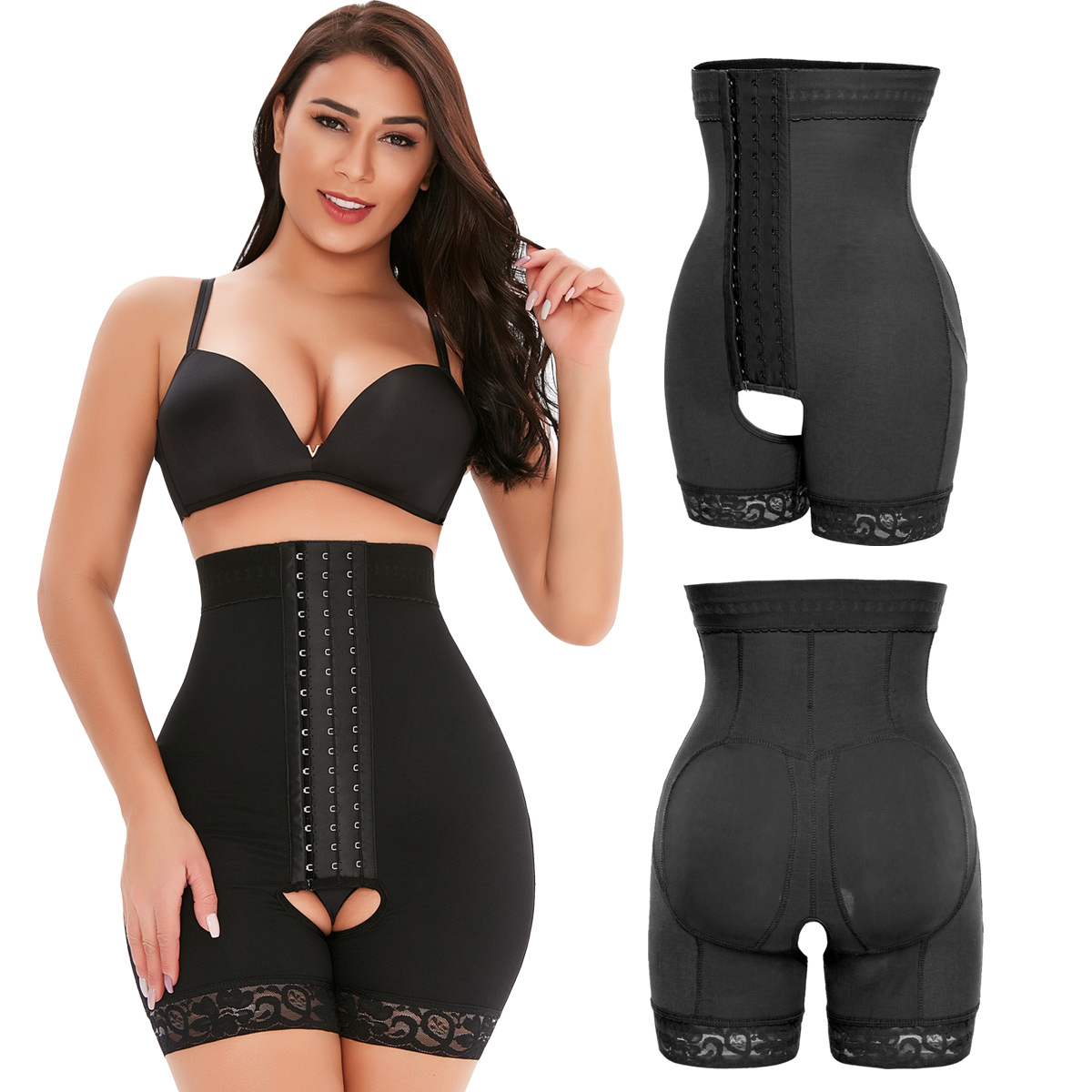 Black High-waist Three-row Abdomen Hip Pants MHW100038S
