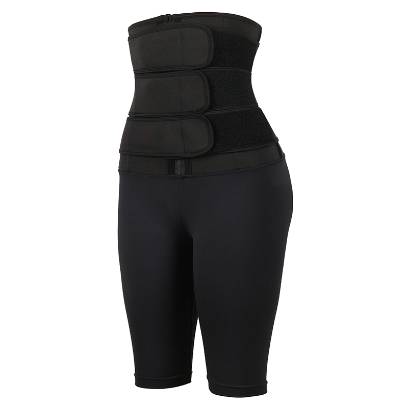 Black three belt neoprene waist trainer with pants MHW100134B 