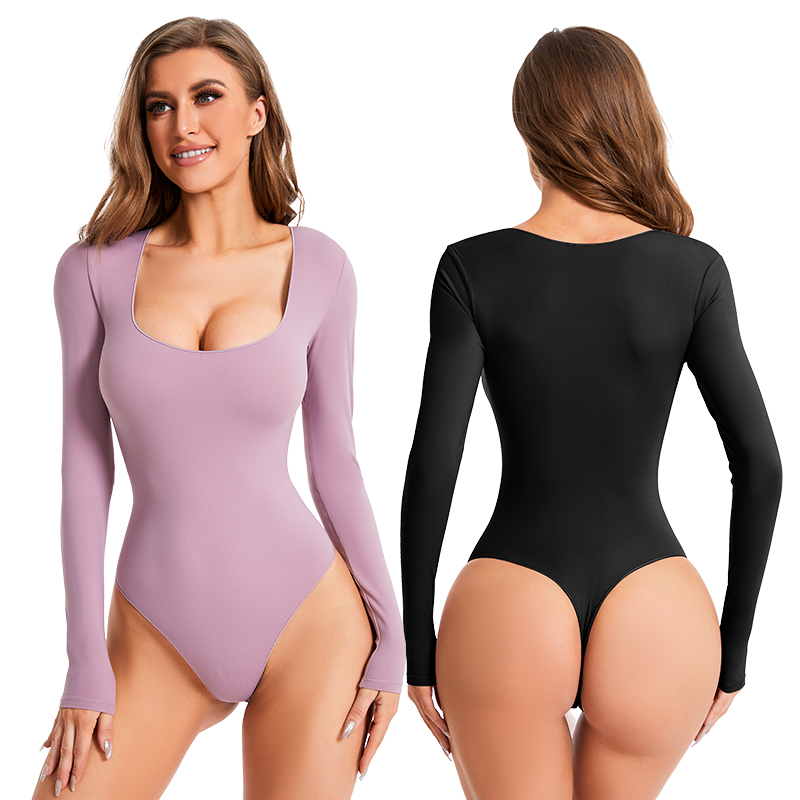 Fits Everybody Long Sleeve Square Neck Thong Bodysuit